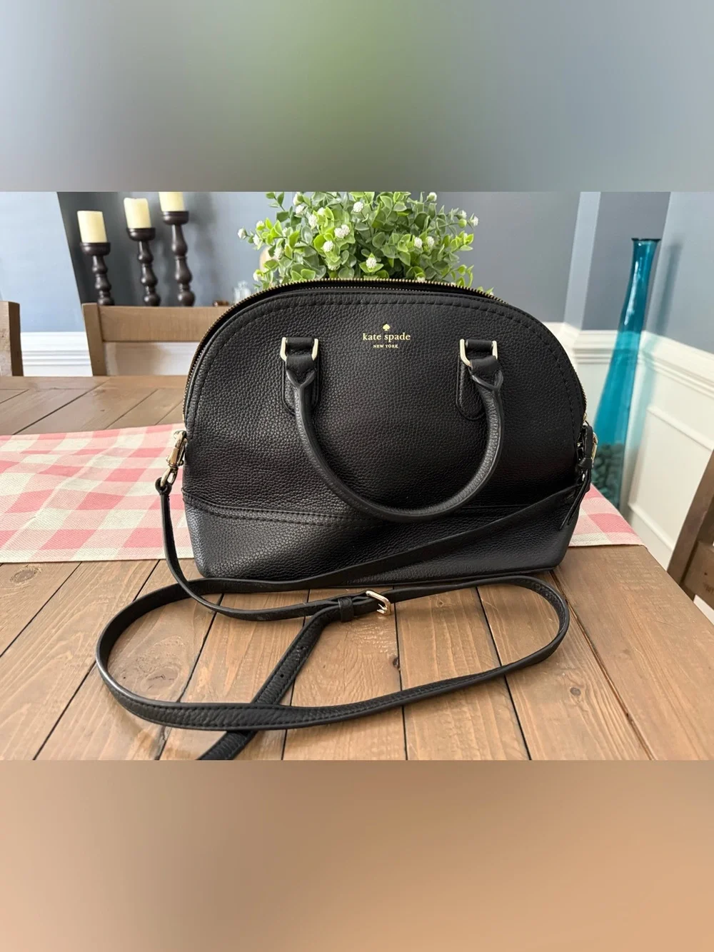 kate spade black pebbled leather dome satchel with gold hardware